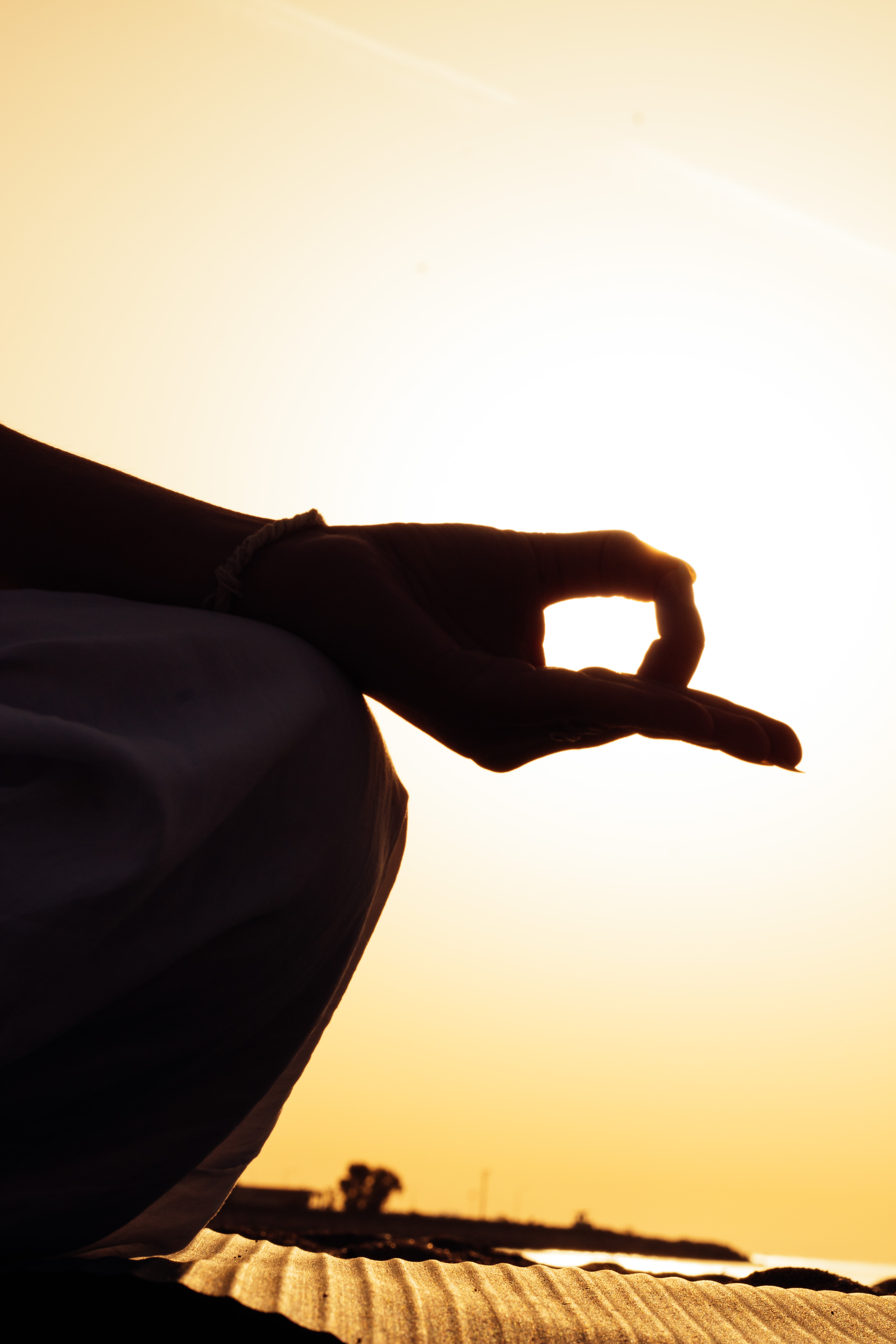 Hands resting in a mudra against warm evening light