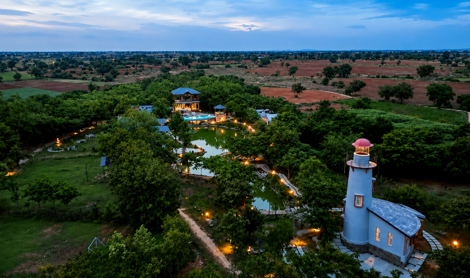 Aerial view of Arbor Road Estate lit up at dusk